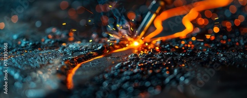 Metal surface being welded with a sparkler, creating bright sparks. photo