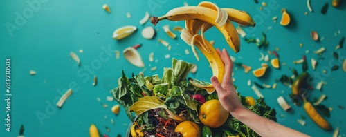 Banana being peeled with dynamic vegetable scraps in air on teal background