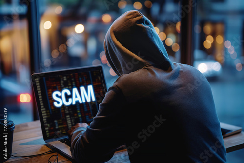 Hooded figure engages in cyber scam operations during twilight hours