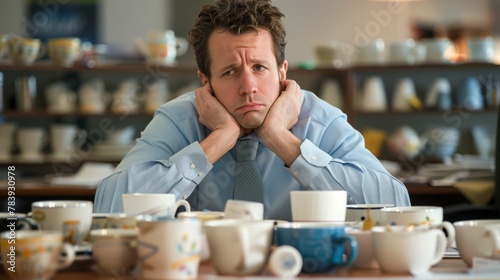 Pensive businessman surrounded by teacups, reflecting on decisions.