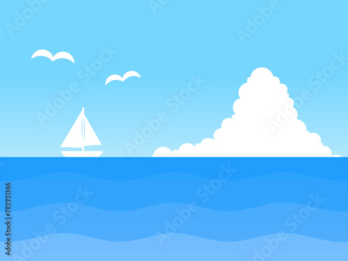 グラデーション空と海とヨットとカモメと入道雲背景A：青白