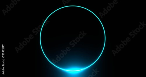 Round neon frame eclipse with glowing beam. Blue banner illuminated by 3d render luminous line moving along perimeter for design of effective advertising