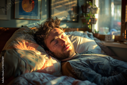 Peaceful Man Asleep in Sunlit Bedroom at Dawn photo