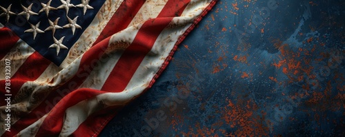 Aged American flag on textured dark blue background. Patriotic concept. photo