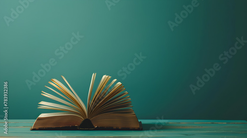 An open book placed on a web banner with copy space for adding text or image. It is suitable for educational, literary, or promotional content.
