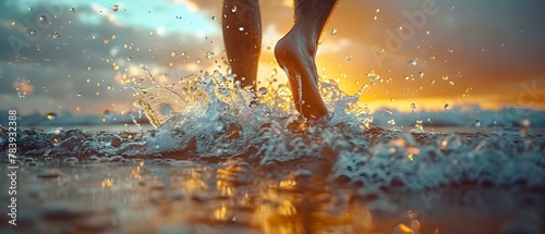Splash of Serenity: Feet in Water at Sunset. Concept Water Reflections, Golden Hour, Tranquil Moments © Ян Заболотний