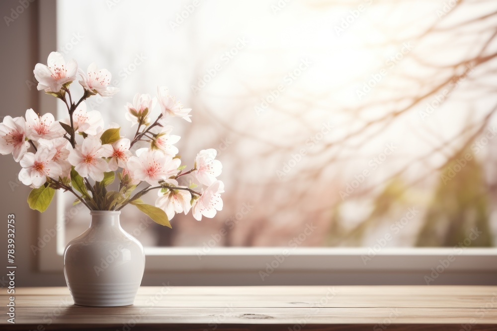 Wooden table top with spring flowers in vase and blurred window. Spring background for design your products. Wooden table top with spring flowers in vase and blurred window. Spring background for design your products.