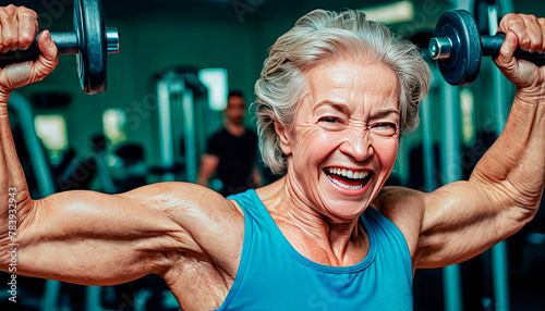Active happy elderly woman doing sports in the gym