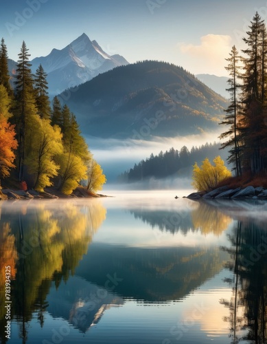A serene lake mirroring the autumn colors of surrounding trees with a misty mountain backdrop, captured in the quiet of dawn. AI Generation