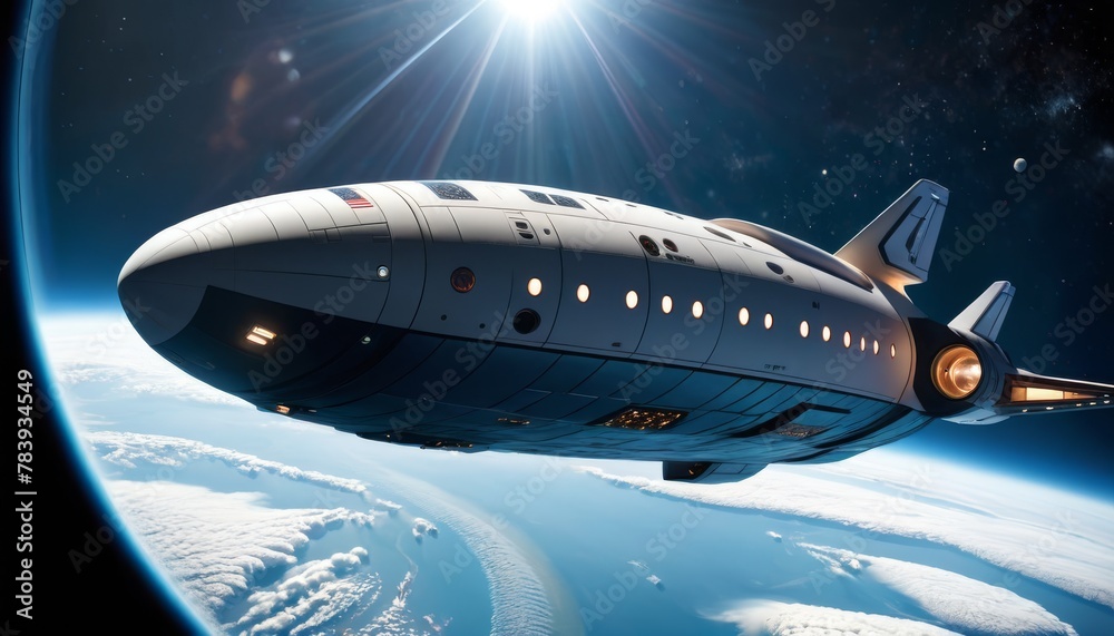 Obraz premium A digital rendering of an advanced spacecraft orbiting Earth, with the sun casting a brilliant backlight against the planet's atmosphere.. AI Generation