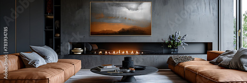 Detail shot of a statement piece artwork above a fireplace, hyperrealistic photography of modern interior design
