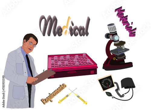 A medical microscope, a pressure measuring device, and analysis vials with two yellow 