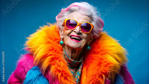 A joyful elderly woman with pink hair is smiling widely, wearing vibrant multicolored fur attire and oversized pink sunglasses. Her look is complemented by bold blue earrings.AI generated.