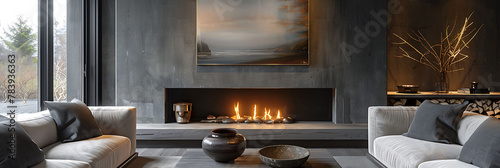 Detail shot of a statement piece artwork above a fireplace, hyperrealistic photography of modern interior design