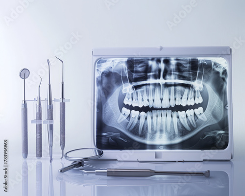 Commercial A set of dental tools ? a mirror, scaler, and explorer ? rests beside a modern dental x ray viewer displaying a patient's x ray, all displayed on an isolated background