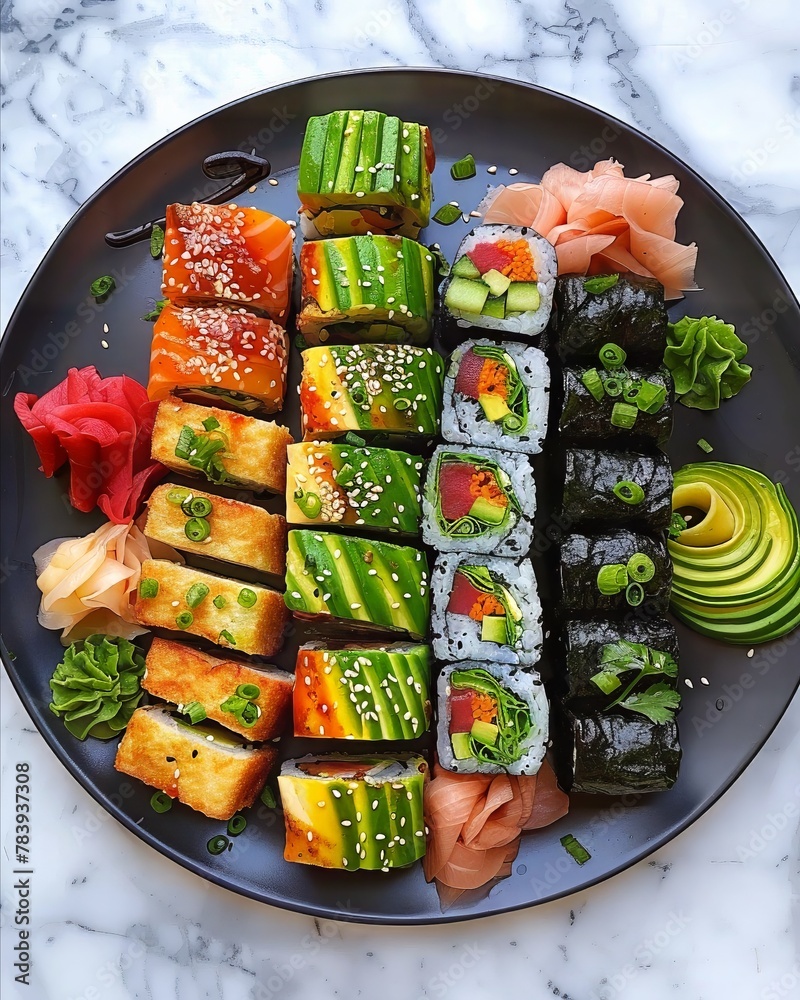 Overhead shot of a colorful vegan sushi spread, featuring avocado rolls, tofu nigiri, and vegetable sashimi on a minimalist black plate