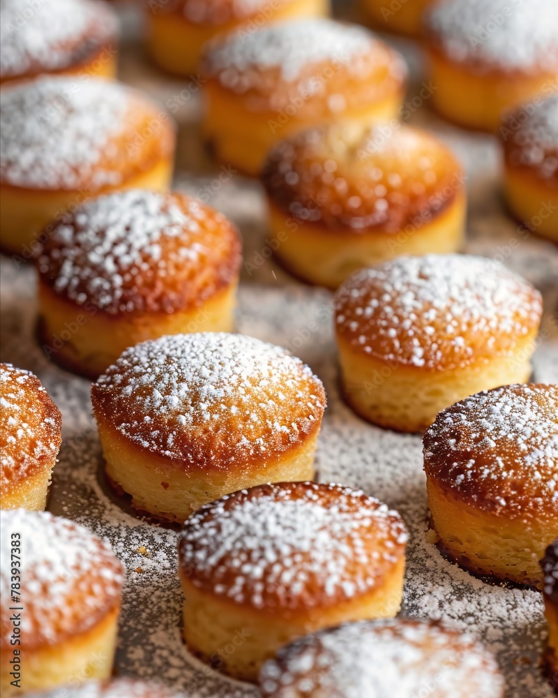 Macro shot of freshly baked almond financiers, dusted with powdered sugar, highlighting the golden crust and moist interior