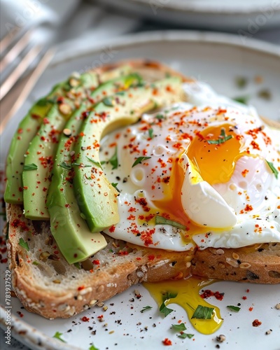 Closeup of a slice of rustic sourdough bread topped with ripe avocado and a poached egg, sprinkled with red pepper flakes