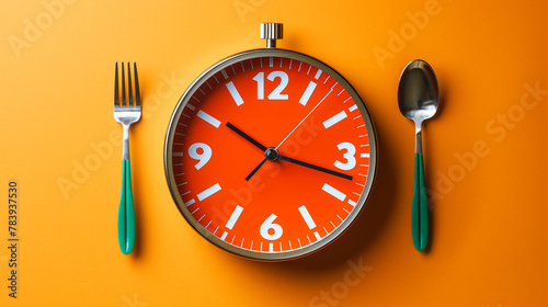 A clock made of a plate with a fork and spoon. photo