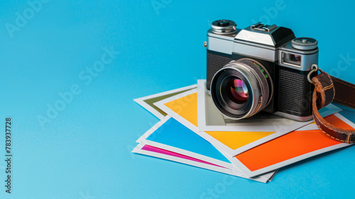 Commercial A vintage camera with a worn leather strap rests beside a stack of polaroid photographs with vibrant colors, all on an isolated background with studio lighting 