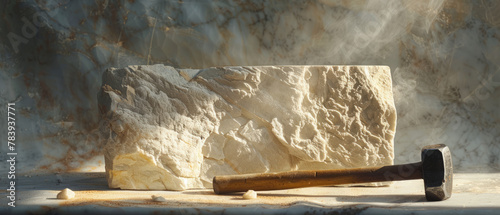 Commercial A weathered sculptor's hammer and chisel rest beside a large piece of uncarved marble, bathed in soft studio light  photo