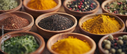 CloseUp Shot Genre Spices Scene A vibrant display of assorted spices and herbs in small bowls Emotion Exotic Lighting Bright, vivid colors emphasized Time Midday Location Type Spice Market