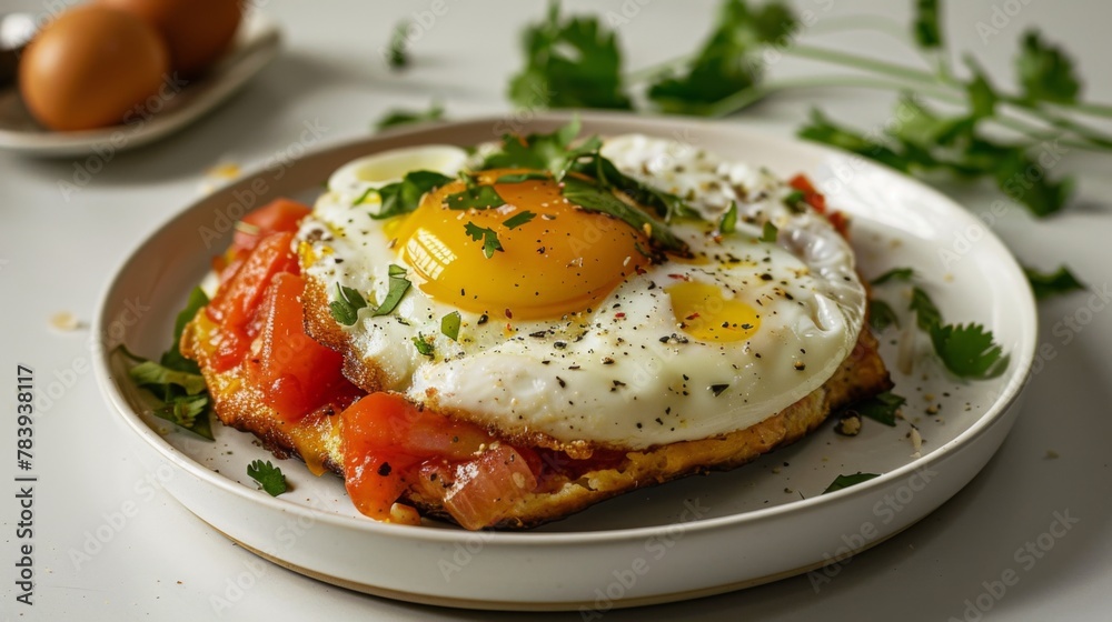 Sunny Side Up Egg on Toast with Fresh Tomatoes and Parsley