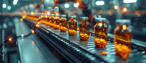 Digital illustration of a bustling pharmaceutical factory floor, robots assembling blister packs of medication Space for text or title, copy space photo