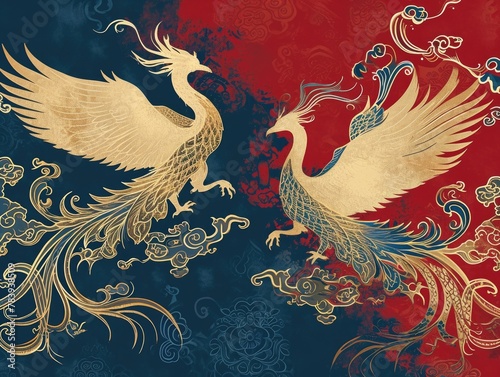 The picture of double phoenix that stay at opposite of each other on the red and blue side that the design of the phoenix come from east asian like chinese, korea or japan symbolize longevity. AIGX01. photo