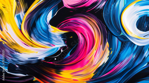 Double exposure of swirling brushstrokes in vibrant colors against a stark black background, high resolution, detailed texture photo
