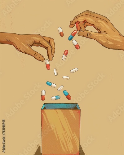 Minimalist depiction of hands dropping unused medication into a takeback box, promoting safe disposal photo