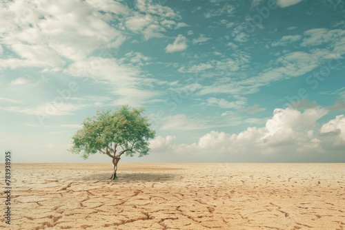Solitary tree stands amidst a vast expanse of cracked dry earth, under a bright sky with fluffy clouds