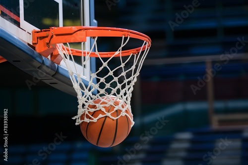 Basketball ball sinks into hoop, victory and achievement concept