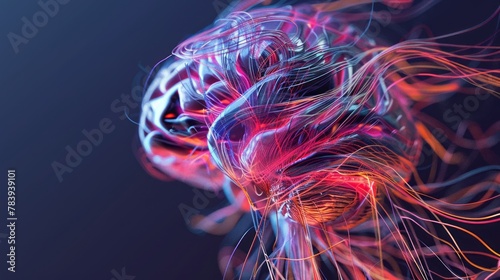 Digital art of a human brain with vibrant neural fibers on a dark blue background.