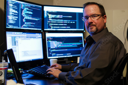 Professional Stock Photography A computer programmer sits at a desk filled with multiple monitors displaying lines of code photo