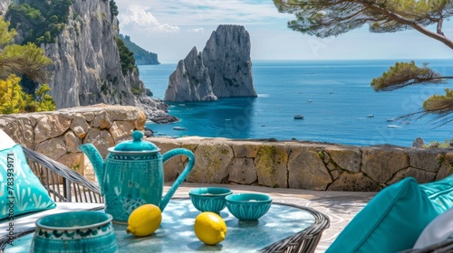 Serene Seaside View with Refreshing Lemon Tea Setup photo