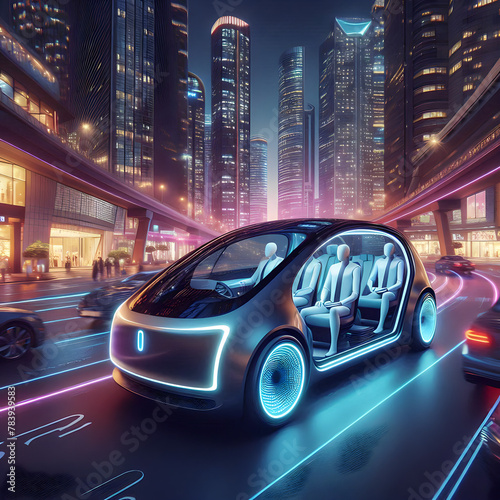 Self-Driving Car Cruising Through a Neon Cityscape © Strongverine