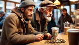 Two men count coins at a coffee shop, their faces a mix of hope and worry, as they navigate the challenging realities of urban life.. AI Generation