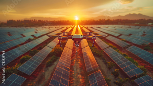 Professional Stock Photography, double exposure style, A drone flies over a vast solar panel farm, capturing the rows of panels glistening in the sunlight 