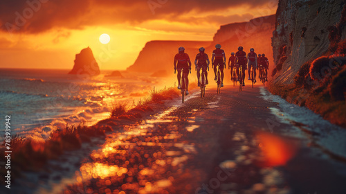 Professional Stock Photography, double exposure style, A group of cyclists rides along a coastal road at sunset The golden light of the setting sun creates a warm glow on the ocean