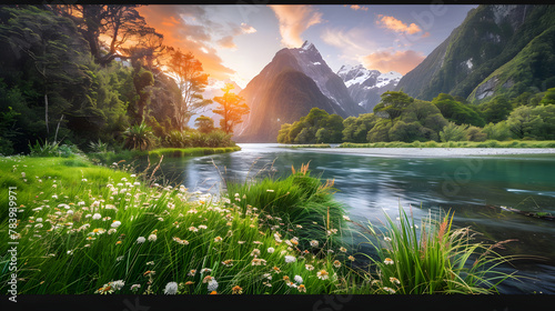 Golden Sunset Over Lush Riverside Forest in New Zealand National Park with Distant Snow-Capped Mountains photo