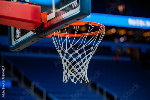 Basketball hoop with net against blurred arena background, illuminated