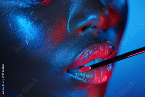 Professional Stock Photography, double exposure style, A makeup artist applies lipstick to a model's lips in a well lit makeup studio 