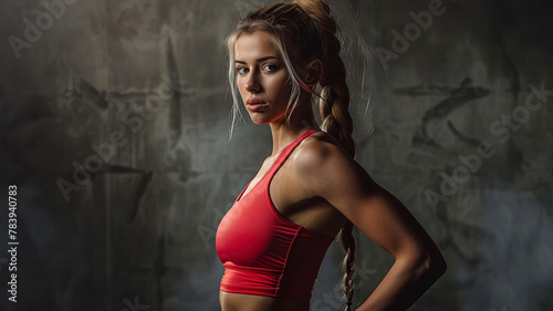female bodybuilder posing on cool background, young muscular woman posing, cool bodybuilder is posing, young muscular athlete woman © Gegham