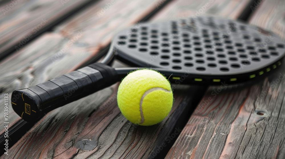 Paddle tennis racket and ball. Practicing paddle sport on the paddle court