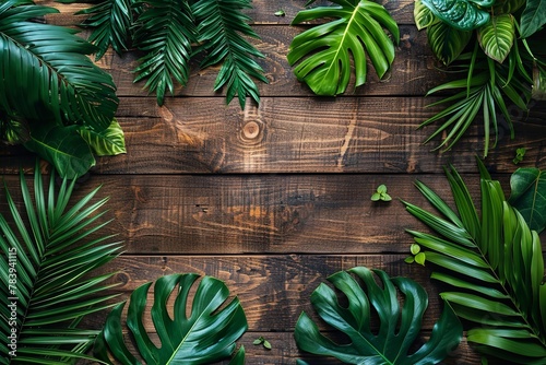 Plank table made of wood with tropical plants and leaves. Generative Ai