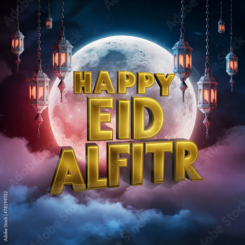 Happy eid alfitr poster with a background of lanterns moon and clouds