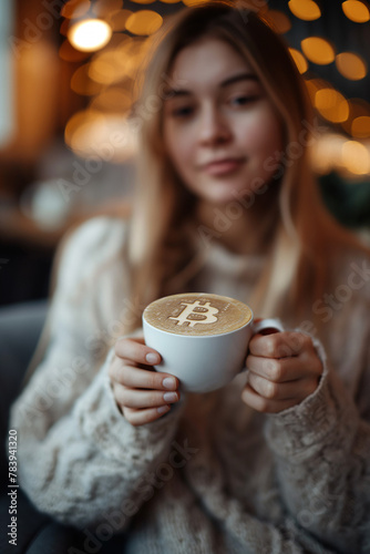 A cozy moment with a Bitcoin-themed coffee. Payment by cryptocurrency