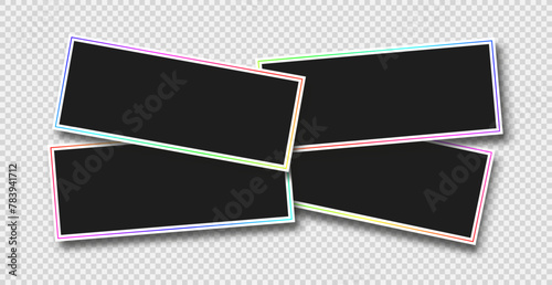Wide horizontal stacks of four empty photo frames mockup. Realistic vector objects. Clipart photo frames with shadow and rgb contour line. photo