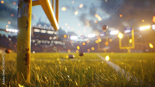 A view from a playground with yellow goal posts, grass fields, and blurred fans. 3D render. Flashlights. Concept of football, championship, match, game space. photo